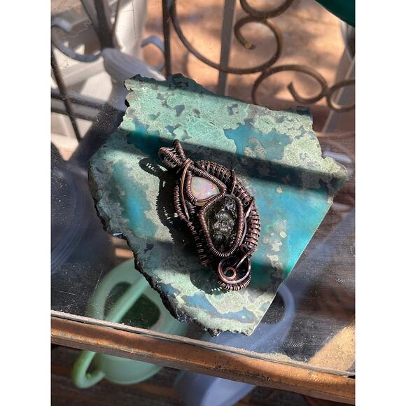 Intricate Moldavite With Opal Wire Wrap Pendant - Picture 4 of 11